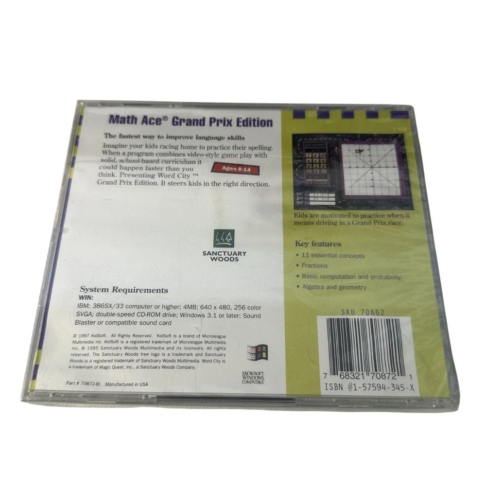 Kidsoft Math Ace Grand Prix Edition PC CD-ROM Homework Helpers Windows 1997 New